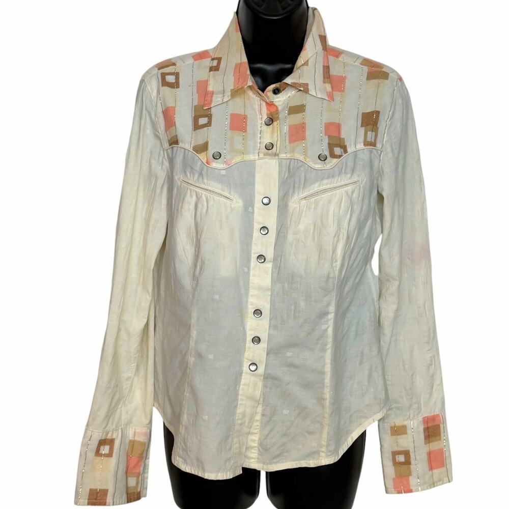 Mix It Western Snap Shirt M Cream Pastel Geometric Pearl Snap Blouse Top Y2K